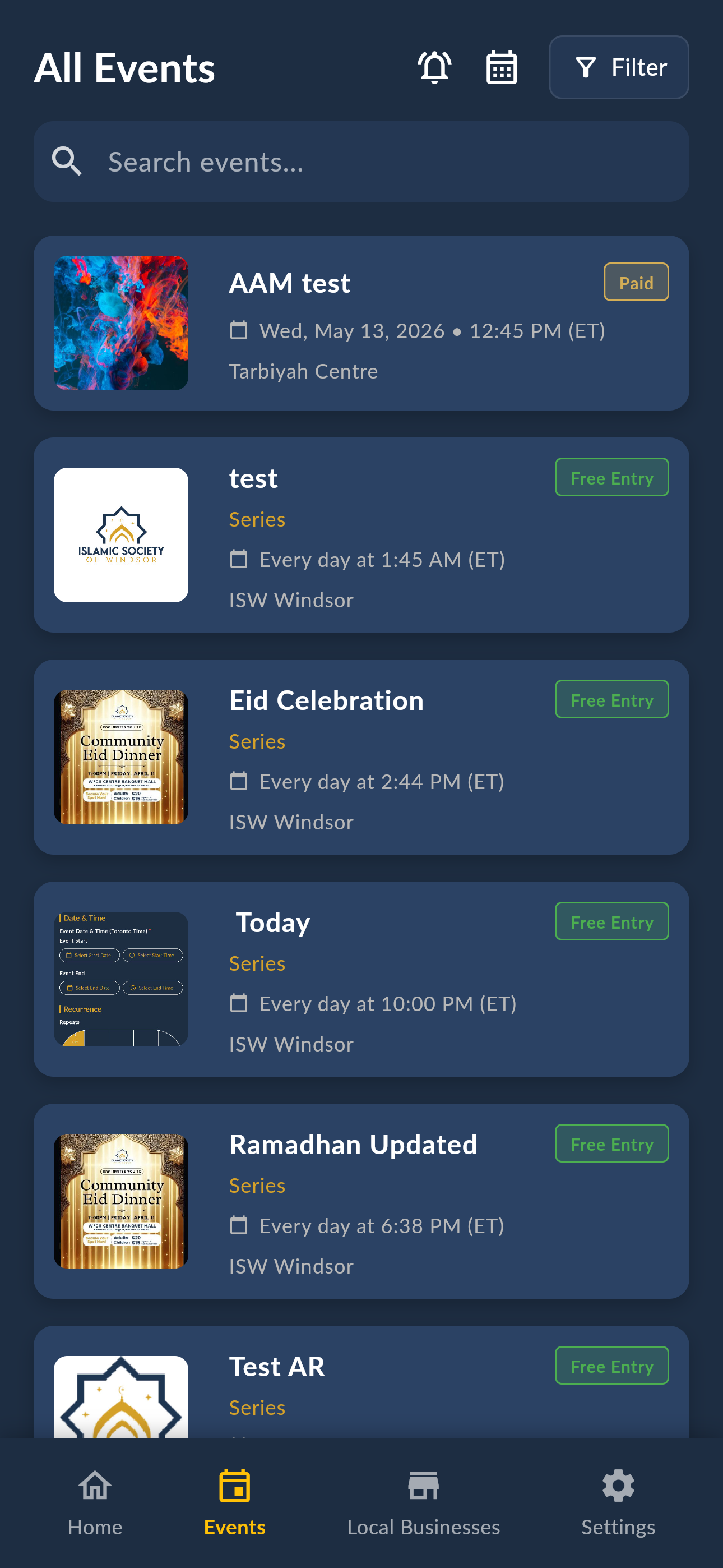 Umity Events Screen
